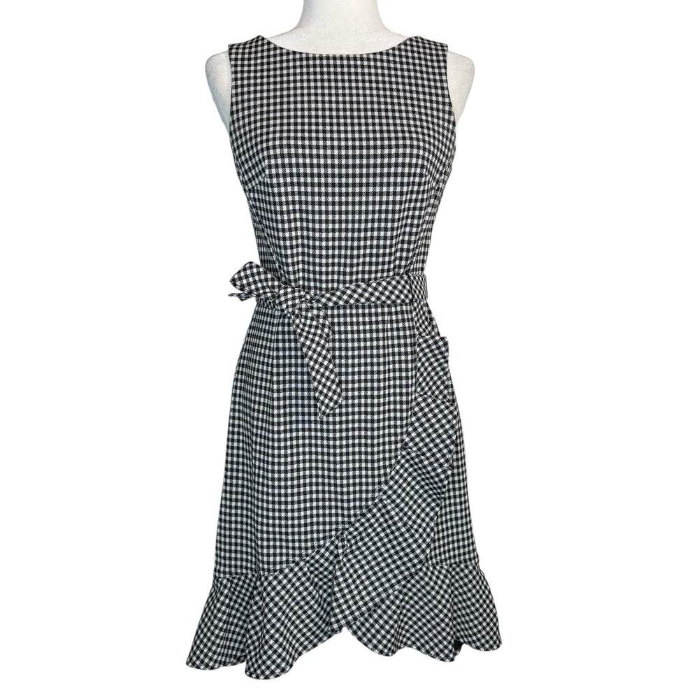 NWOT Calvin Klein Dress 4 Gingham Sleeveless Flounce‎ Ruffle Asymmetrical Career - Picture 2 of 10